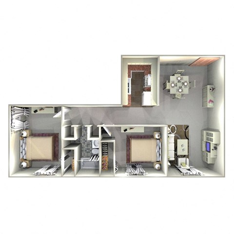 Floor plan for 2 beds, 1 bath, 970 sqft