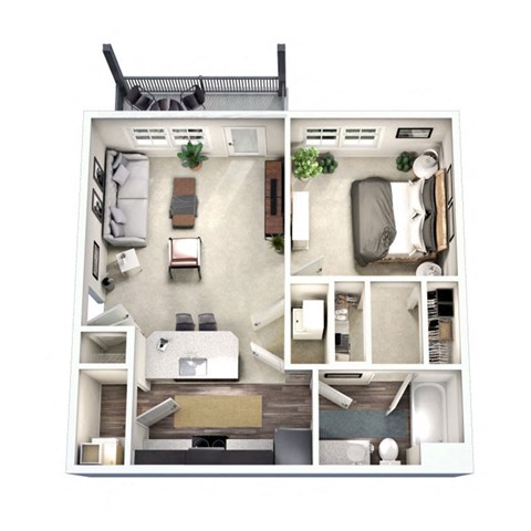 Floor plan for 1 bed, 1 bath, 722 sqft