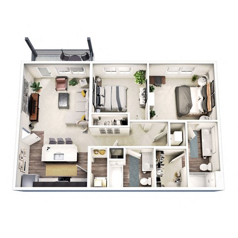 Floor plan for 2 beds, 2 baths, 1053 sqft