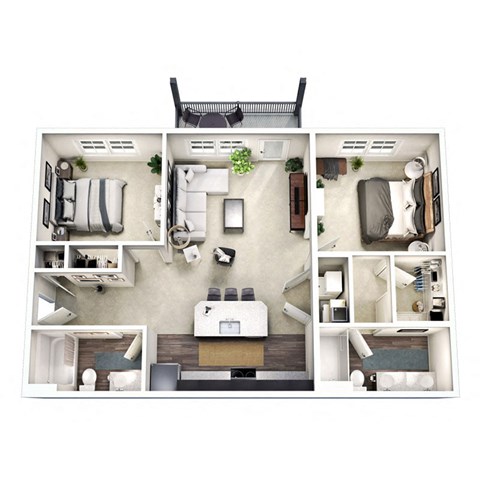 Floor plan for 2 beds, 2 baths, 1053 sqft