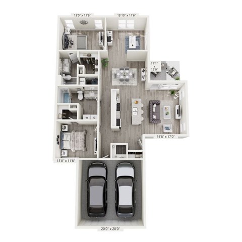 Floor plan for 2 beds, 2 baths, 1621 sqft
