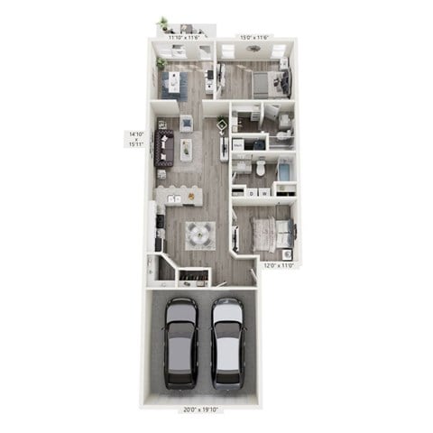 Floor plan for 2 beds, 2 baths, 1297 sqft
