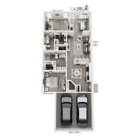 Floor plan for 2 beds, 2 baths, 1330 sqft