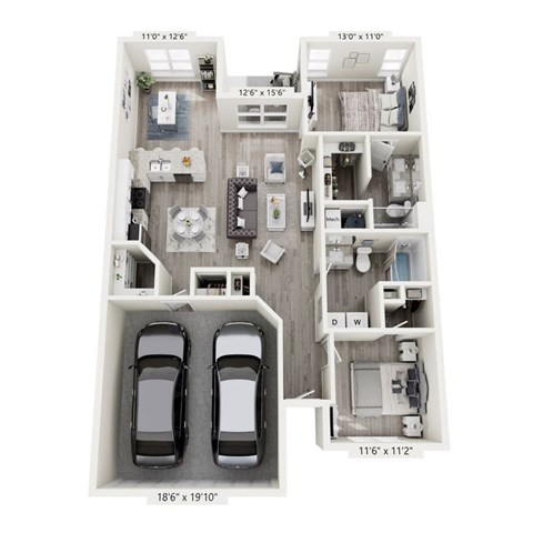 Floor plan for 2 beds, 2 baths, 1318 sqft