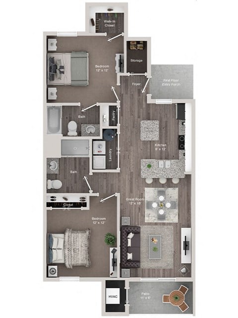 Floor plan for 2 beds, 2 baths, 1016 sqft