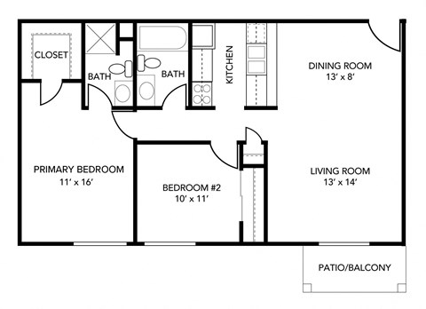 Floor plan for 2 beds, 2 baths, 934 sqft
