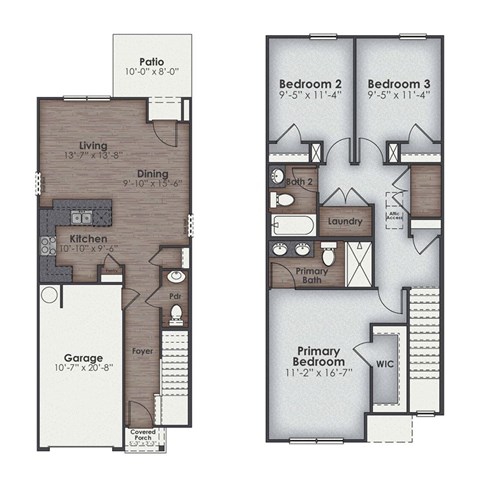 Floor plan for 2 beds, 2.5 baths, 1418 sqft