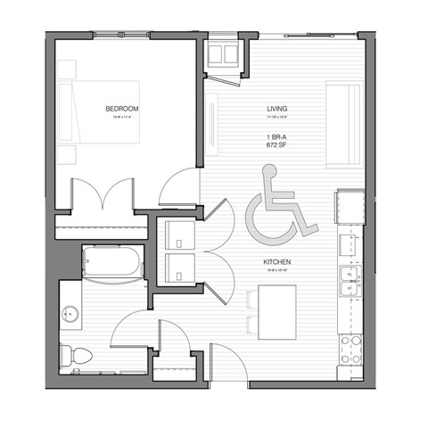 Floor plan for 1 bed, 1 bath, 672 sqft