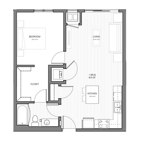 Floor plan for 1 bed, 1 bath, 674 sqft