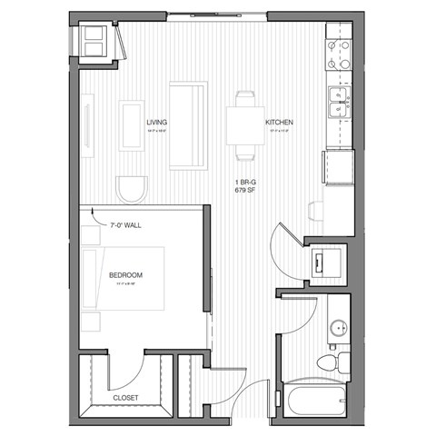 Floor plan for 1 bed, 1 bath, 680 sqft