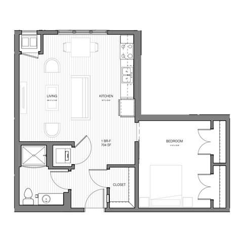 Floor plan for 1 bed, 1 bath, 704 sqft