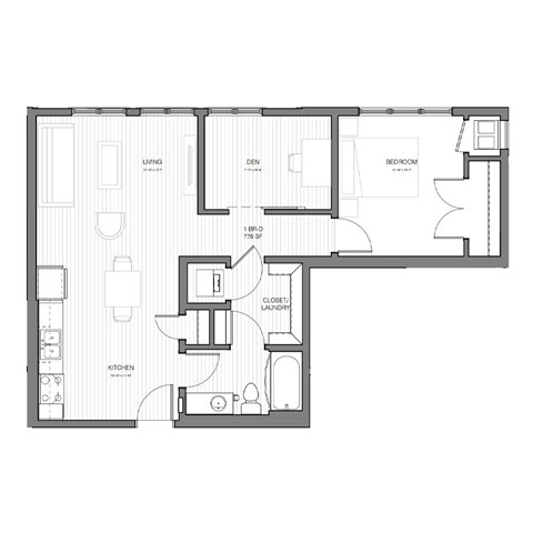 Floor plan for 1 bed, 1 bath, 776 sqft