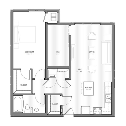 Floor plan for 1 bed, 1 bath, 877 sqft