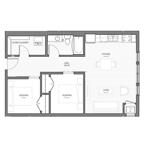 Floor plan for 2 beds, 1 bath, 763 sqft