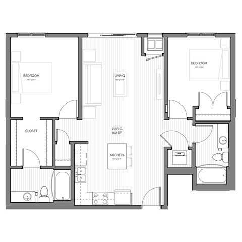Floor plan for 2 beds, 2 baths, 932 sqft