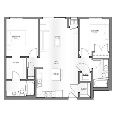 Floor plan for 2 beds, 2 baths, 959 sqft