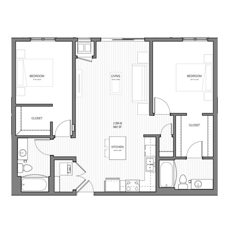 Floor plan for 2 beds, 2 baths, 982 sqft