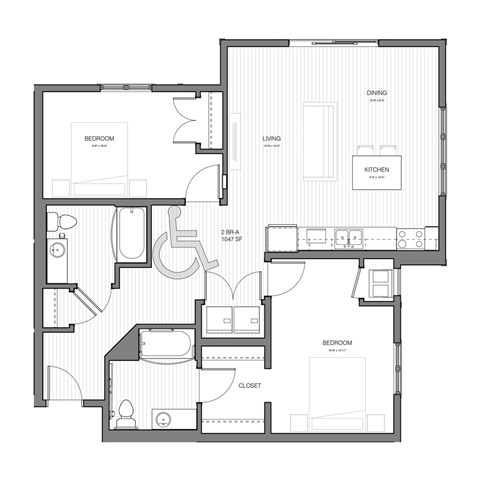 Floor plan for 2 beds, 2 baths, 1047 sqft