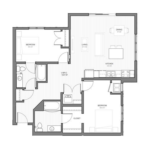 Floor plan for 2 beds, 2 baths, 1047 sqft