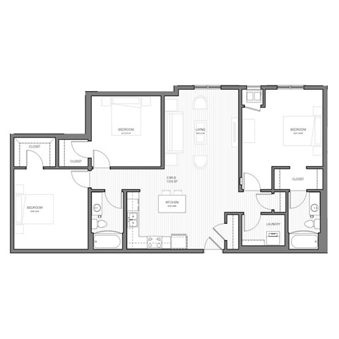 Floor plan for 3 beds, 2 baths, 1316 sqft
