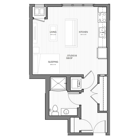 Floor plan for studio, 1 bath, 509 sqft