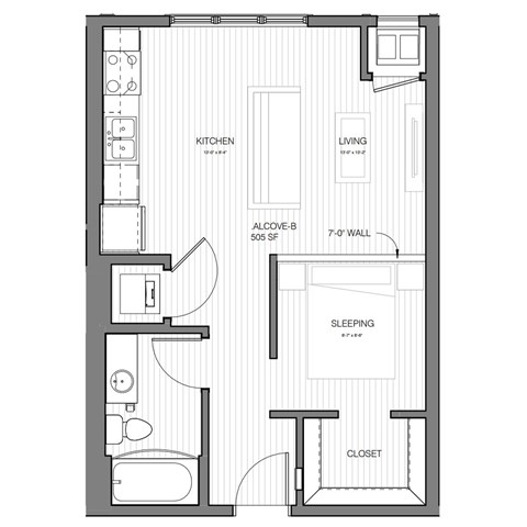 Floor plan for studio, 1 bath, 505 sqft
