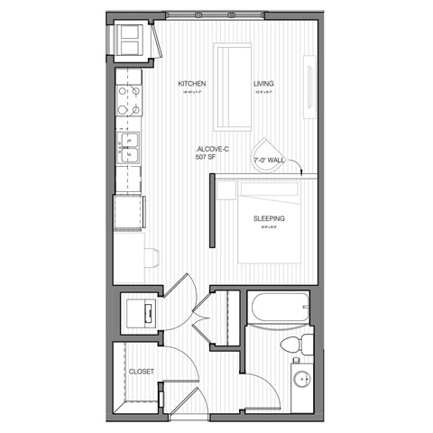 Floor plan for studio, 1 bath, 507 sqft