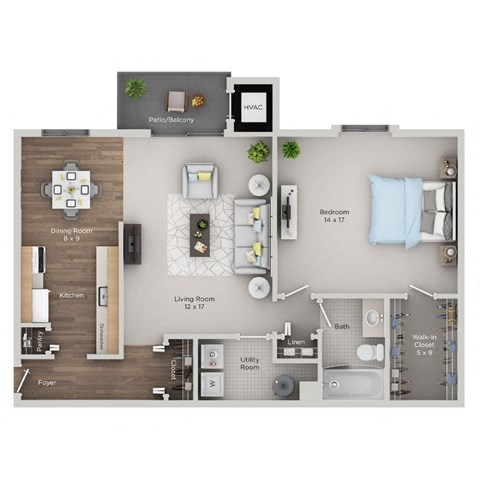 Floor plan for 1 bed, 1 bath, 750 sqft