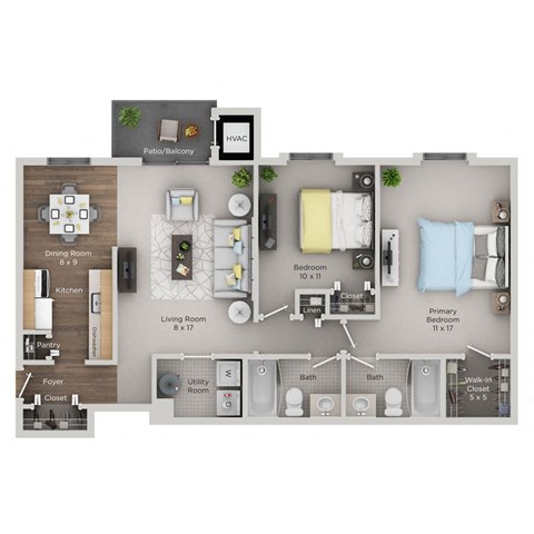 Floor plan for 2 beds, 2 baths, 900 sqft