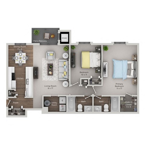 Floor plan for 2 beds, 2 baths, 900 sqft