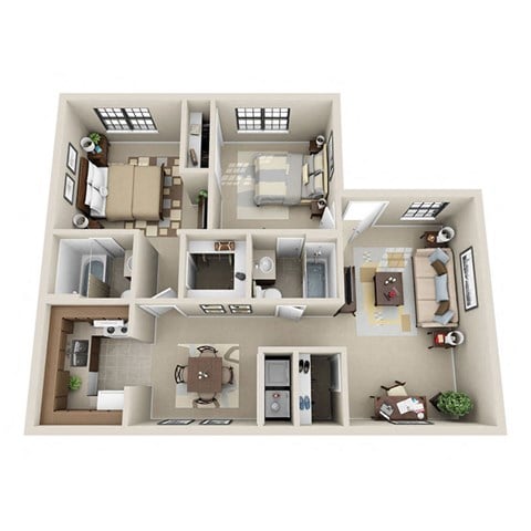 Floor plan for 2 beds, 2 baths, 1000 sqft