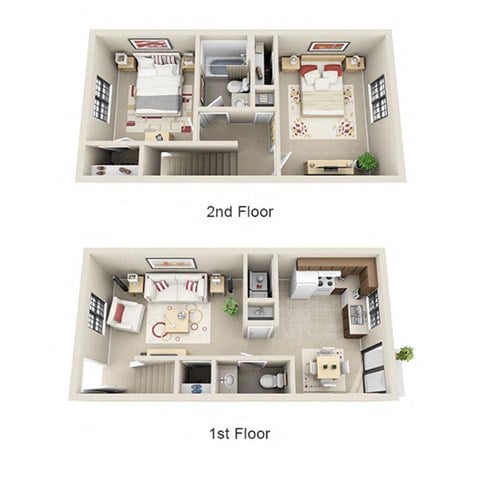 Floor plan for 2 beds, 1.5 baths, 980 sqft