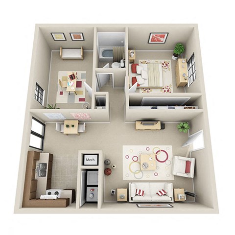 Floor plan for 2 beds, 1 bath, 880 sqft