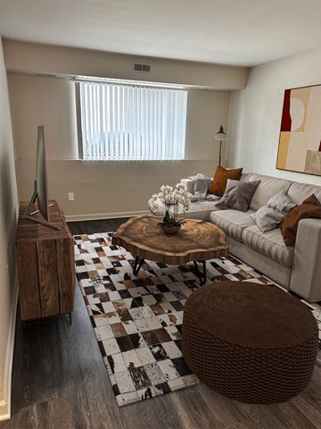 Farmington Hills apartment for rent - A living room with a checkered rug and a brown wicker ottoman.