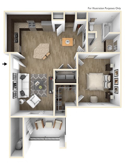 Floor plan for 1 bed, 1 bath, 765 sqft