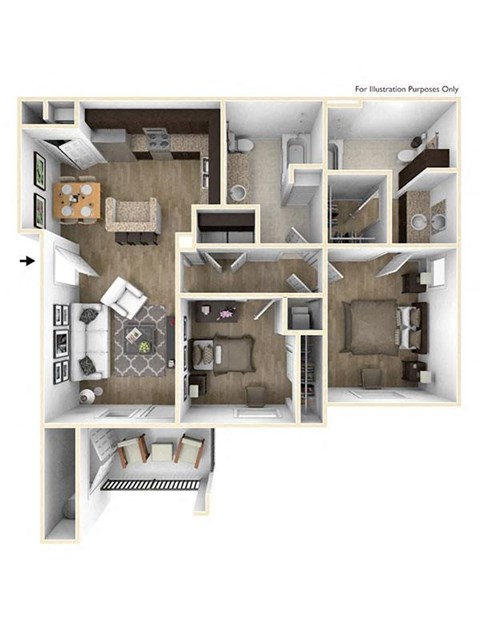 Floor plan for 2 beds, 2 baths, 917 sqft