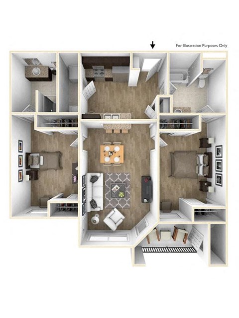 Floor plan for 2 beds, 2 baths, 1001 sqft