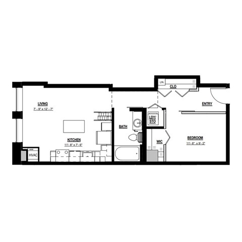 Floor plan for 1 bed, 1 bath, 640 sqft