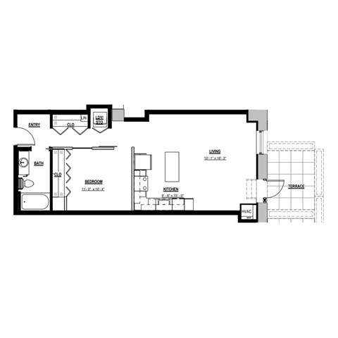 Floor plan for 1 bed, 1 bath, 650 sqft