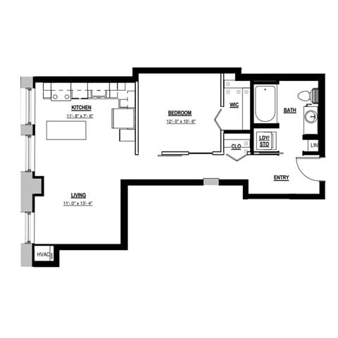 Floor plan for 1 bed, 1 bath, 660 sqft