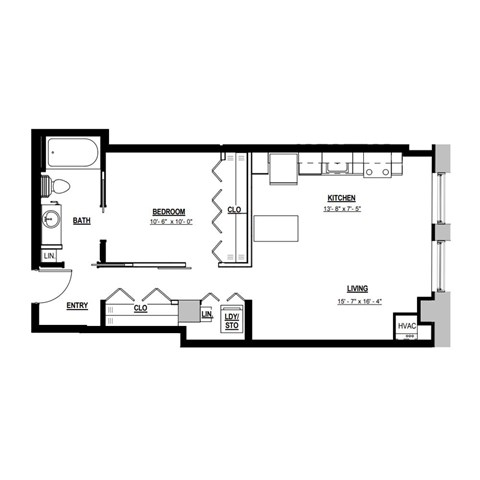 Floor plan for 1 bed, 1 bath, 670 sqft