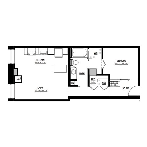 Floor plan for 1 bed, 1 bath, 685 sqft