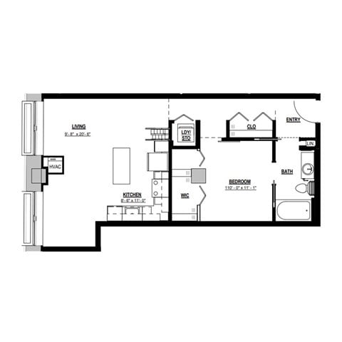 Floor plan for 1 bed, 1 bath, 695 sqft