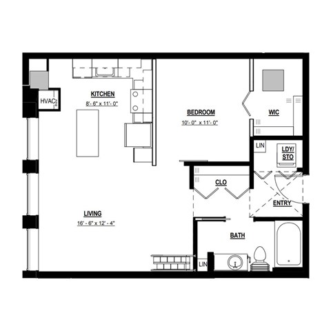 Floor plan for 1 bed, 1 bath, 720 sqft