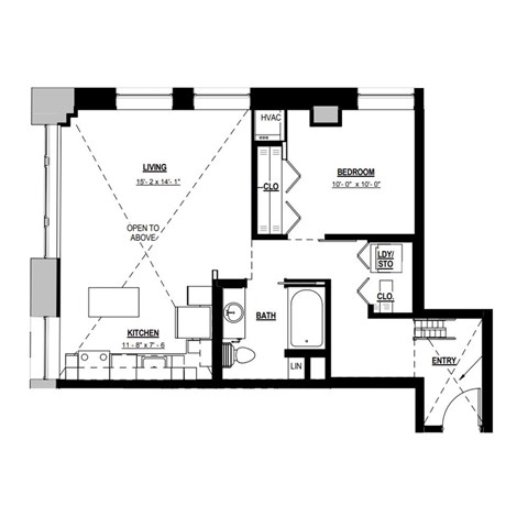Floor plan for 1 bed, 1 bath, 775 sqft