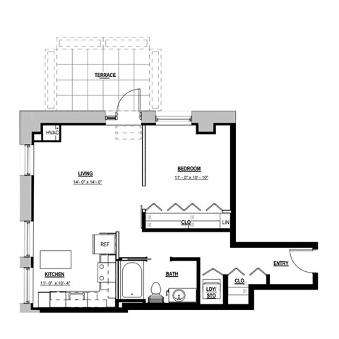 Floor plan for 1 bed, 1 bath, 780 sqft
