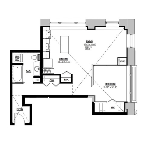 Floor plan for 1 bed, 1 bath, 780 sqft