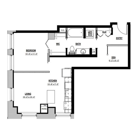 Floor plan for 1 bed, 1 bath, 780 sqft