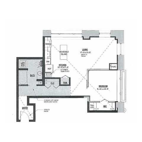 Floor plan for 1 bed, 1 bath, 855 sqft