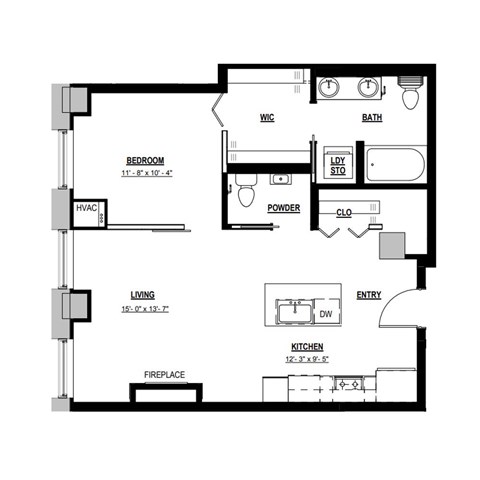 Floor plan for 1 bed, 1 bath, 815 sqft